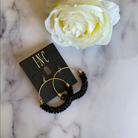 INC International Concepts Jewelry - INC Gold Large Black Beaded Bead Hoop Earrings 2"